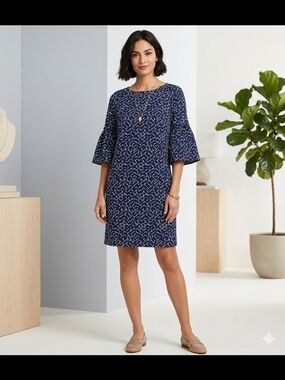 Banana Republic Navy Geometric Bell-Sleeve Shift Dress